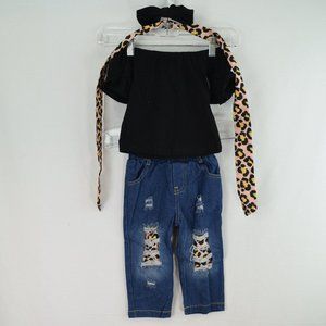 Brand Pat Pat, Size 12-18M, Solid Black Long Sleeve, Blue Ripped Jeans.